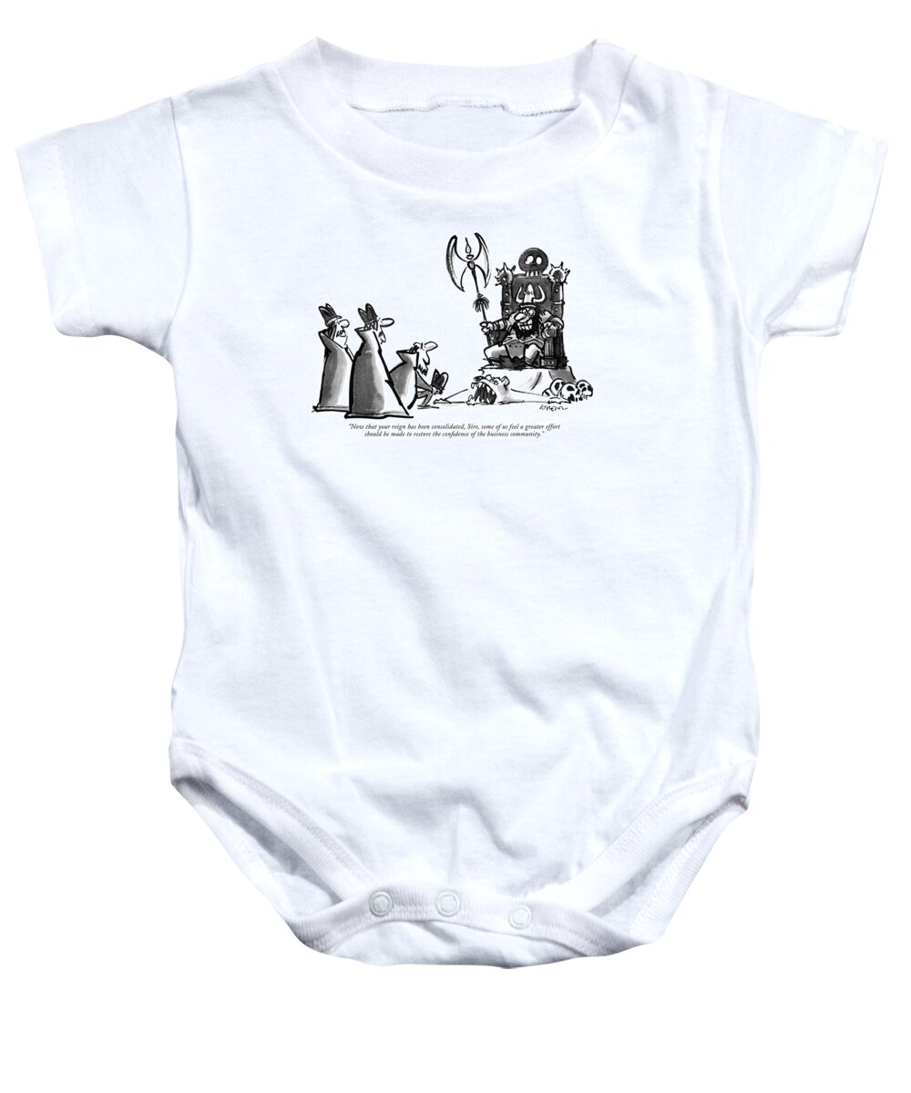 78065 Llo Lee Lorenz (man Kneeling In Front Of Fierce King. Refers To President Carter.) Boss Carter Corporate ?erce Front Government Highness Industry King Kneeling Majesty Man Mediaeval Medieval Monarch Monarchy Political Politicians Politics President Refers Regal Royal Royalty Ruler Baby Onesie featuring the drawing Now That Your Reign Has Been Consolidated by Lee Lorenz