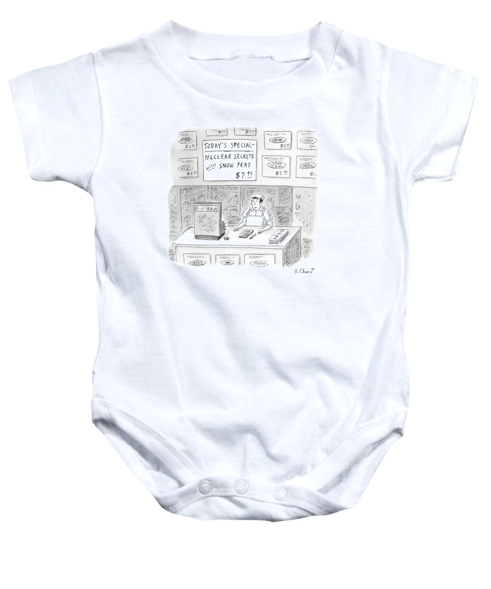 Chinese Restaurants Baby Onesie featuring the drawing 'nuclear Secrets With Snow Peas' by Roz Chast