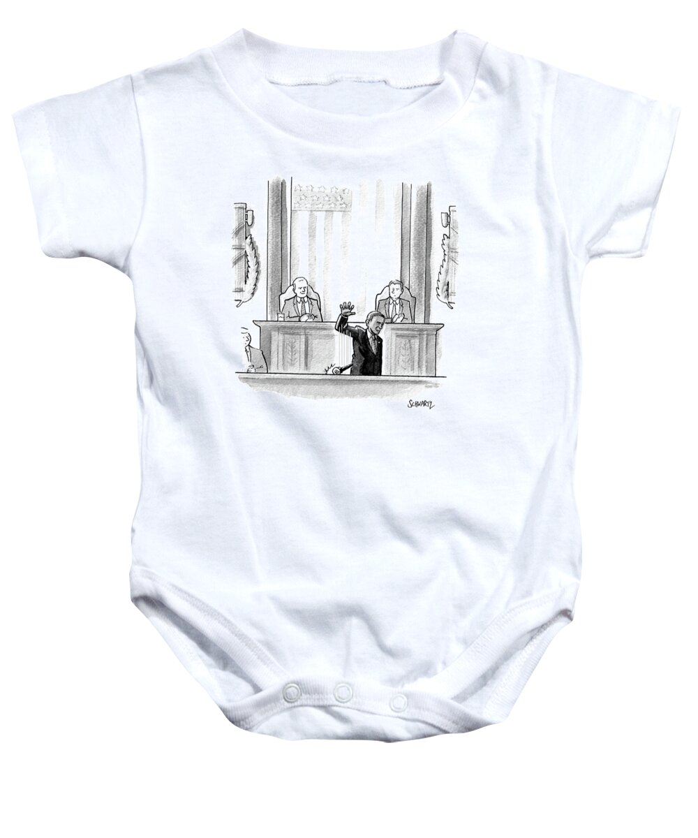 Cartoon Baby Onesie featuring the drawing Obama Dropping A Mic by Benjamin Schwartz