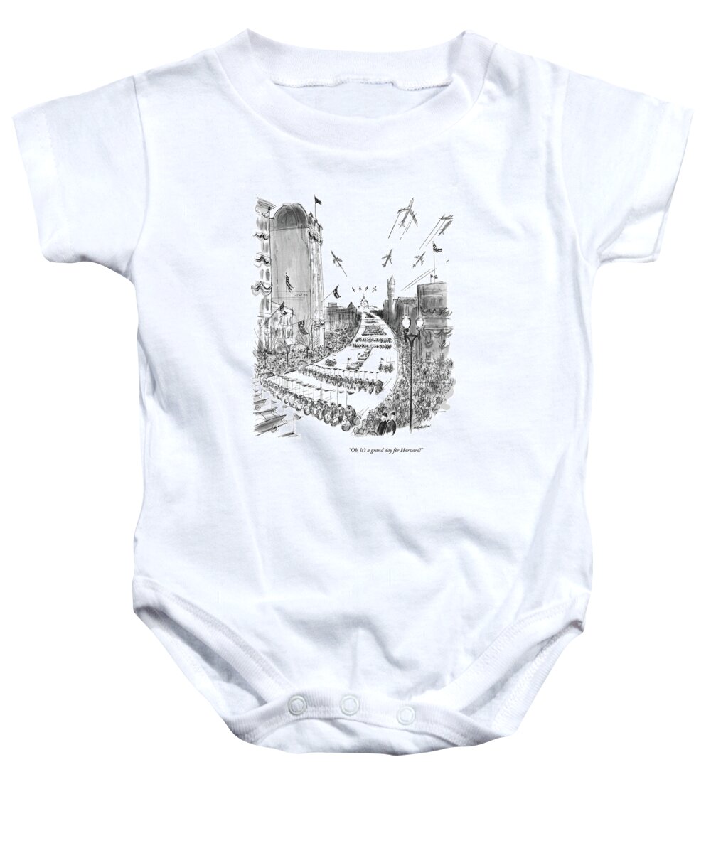  Baby Onesie featuring the drawing It's A Grand Day For Harvard by James Stevenson