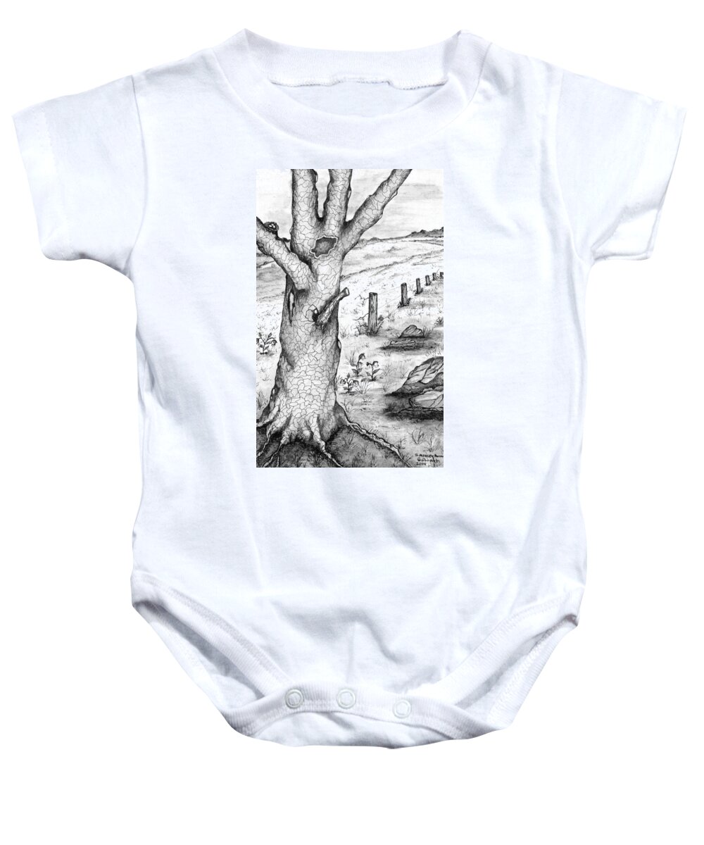 Oak Baby Onesie featuring the drawing Old Oak Tree with Birds' Nest Black and White by Ashley Goforth