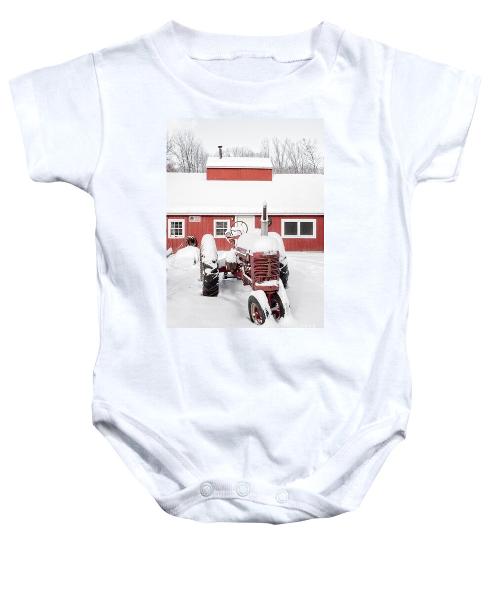 Big Baby Onesie featuring the photograph Old red tractor in front of classic sugar shack by Edward Fielding