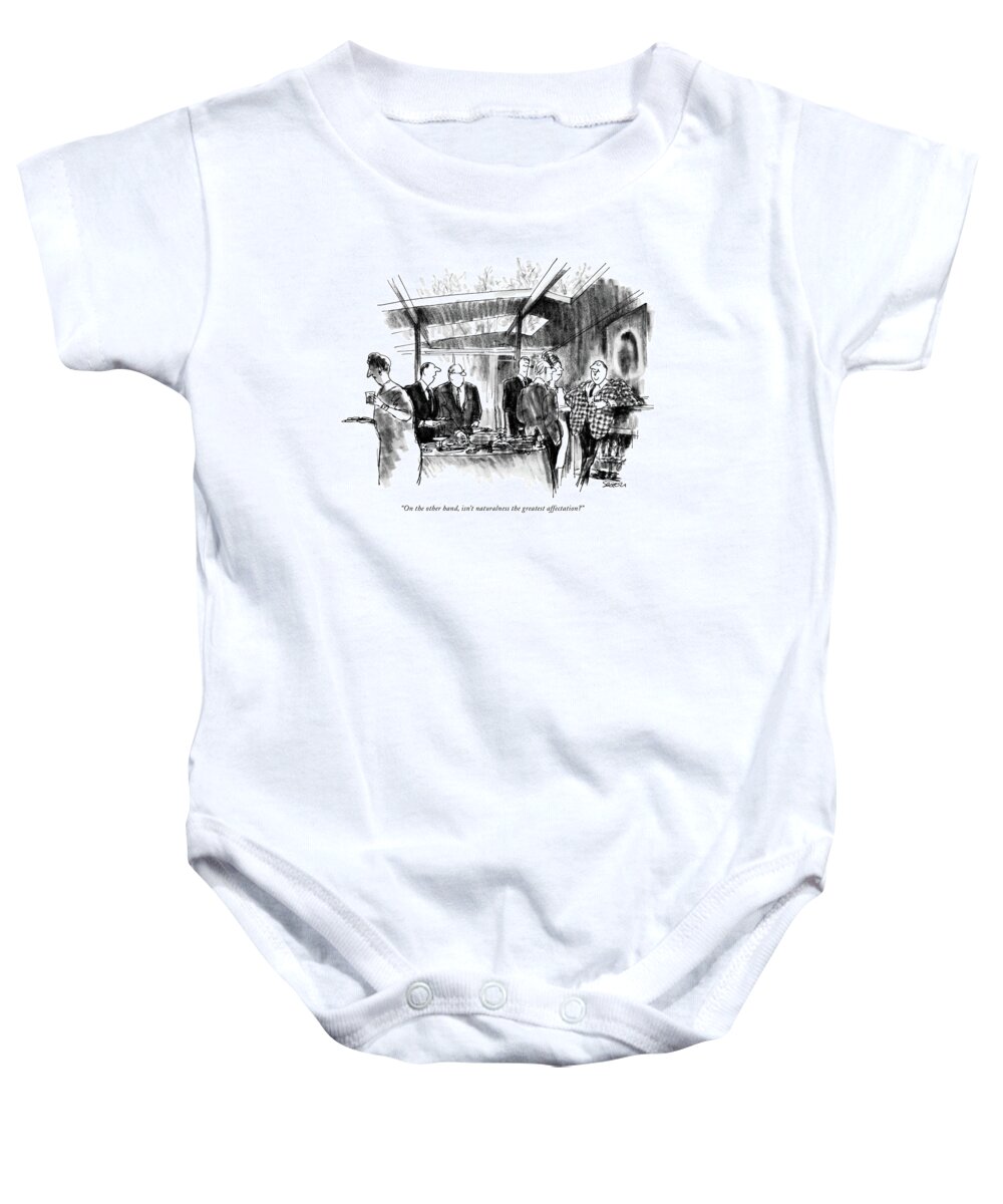 70605  
(a Man At A Cocktail Party Talking To Another Guest.) Charles Saxon Baby Onesie featuring the drawing On The Other Hand by Charles Saxon