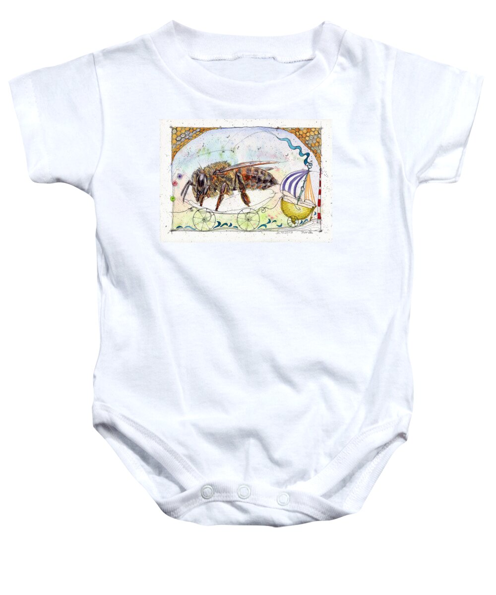 Bees Baby Onesie featuring the painting On Wheels by Petra Rau