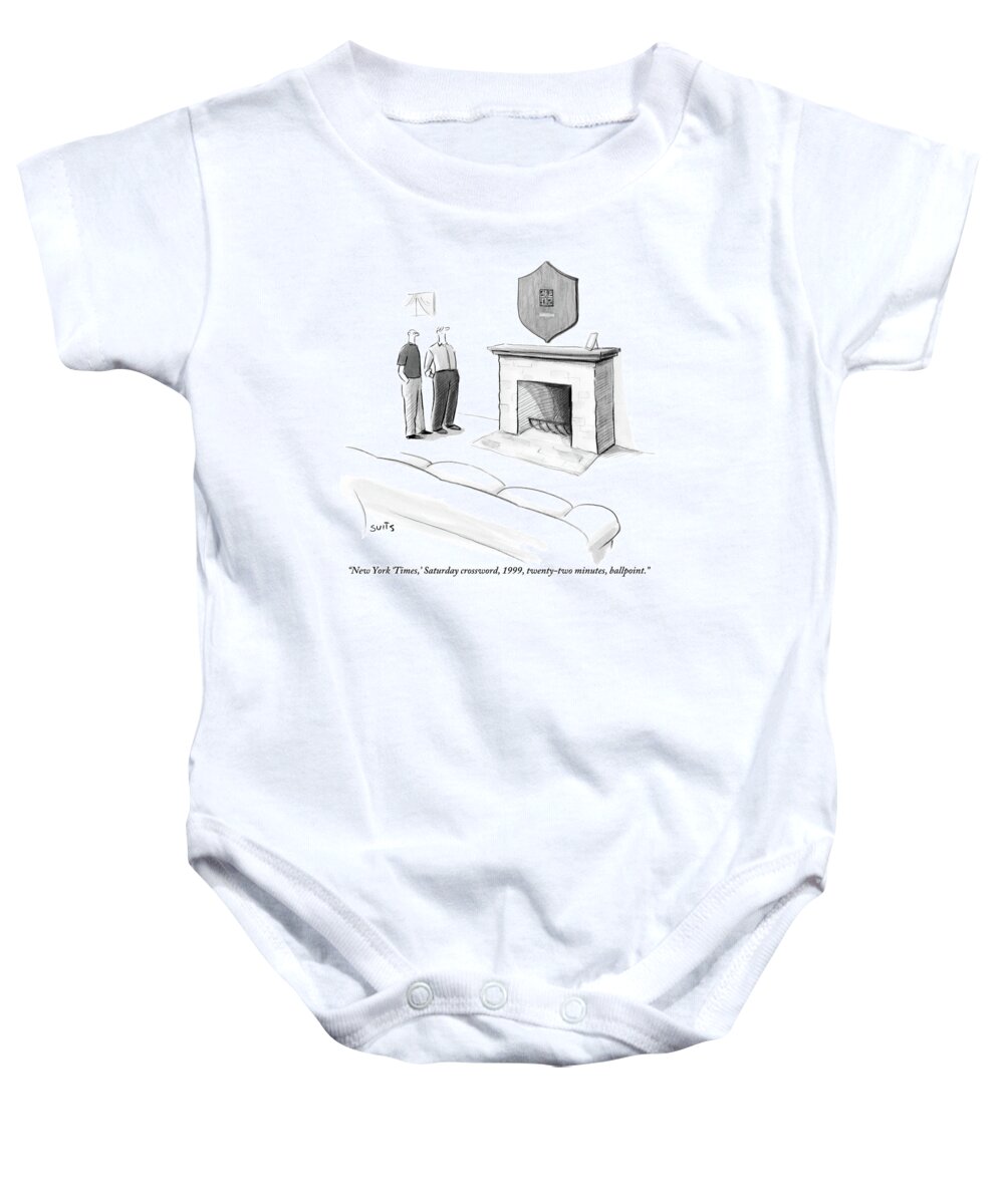 New York Times Baby Onesie featuring the drawing One Man Shows Off A Framed Crossword by Julia Suits