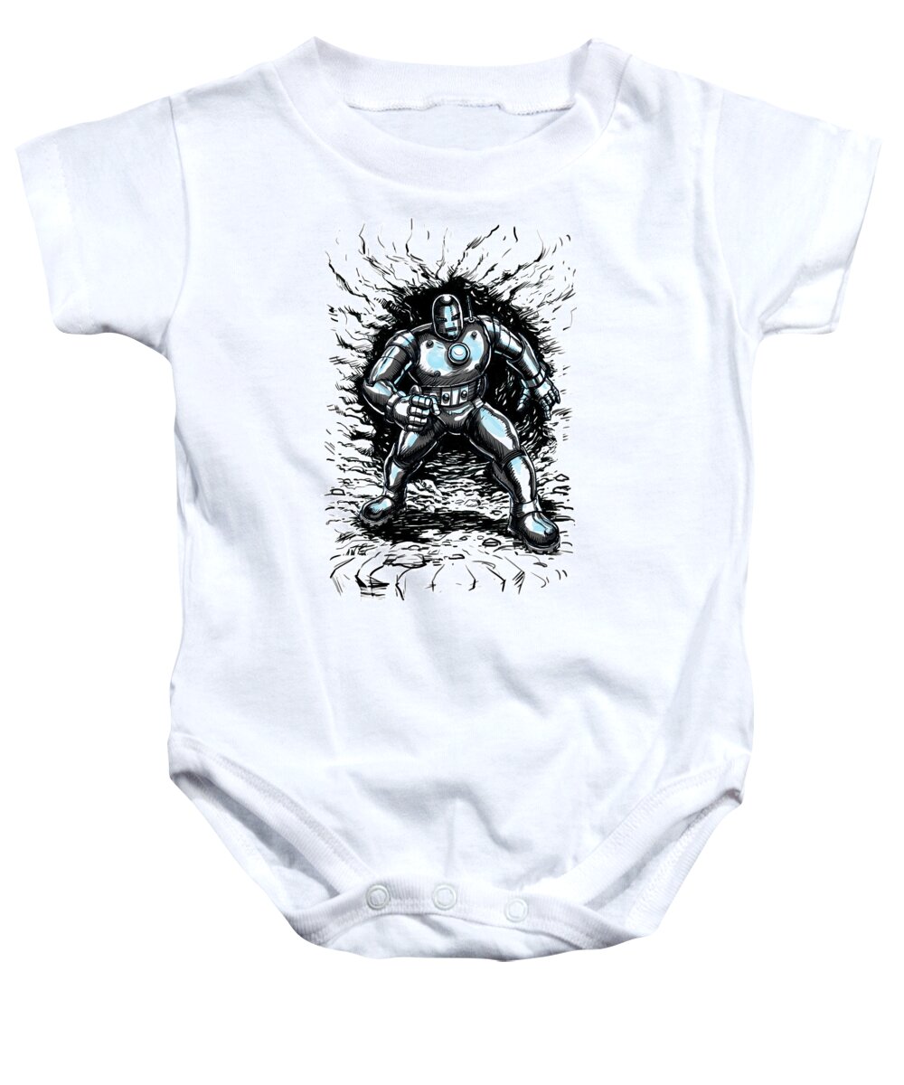 Iron Man Baby Onesie featuring the drawing One Small Step for Iron Man by John Ashton Golden