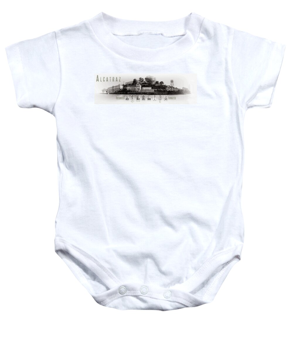 Alcatraz Baby Onesie featuring the photograph Panorama Alcatraz Infamous Inmates Black and White by Scott Campbell