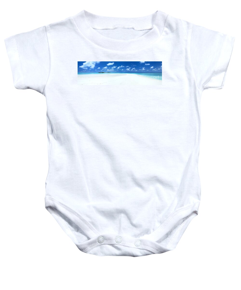 Tropical Baby Onesie featuring the photograph Panorama of deserted sandy beach and island Maldives by Matteo Colombo
