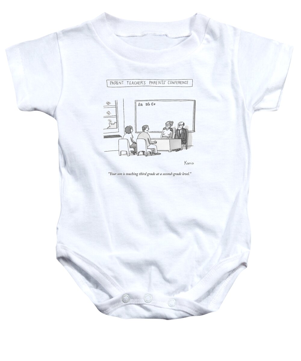 School Baby Onesie featuring the drawing Parent Teacher's Parents Conference -- An Elderly by Zachary Kanin