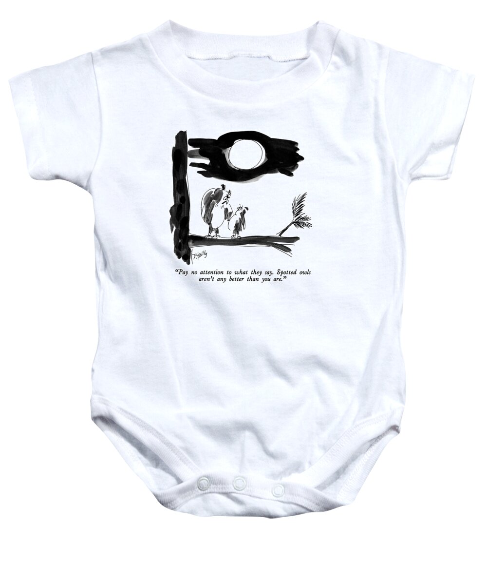 Children Baby Onesie featuring the drawing Pay No Attention To What They Say. Spotted Owls by Donald Reilly