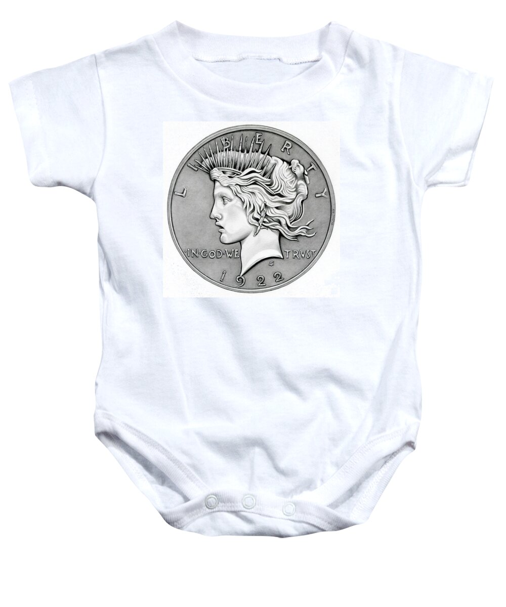 Coin Baby Onesie featuring the drawing Graphite Peace Dollar by Fred Larucci
