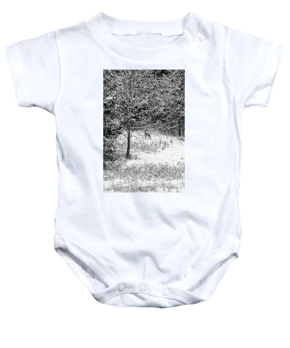 Wild Baby Onesie featuring the photograph Peering Out - Deer BW by Mary Carol Story