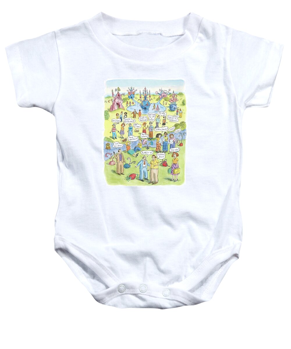 Garden Of Earthly Delights With Apologies To H. Bosch Baby Onesie featuring the drawing People Share Good News Around A Garden by Roz Chast