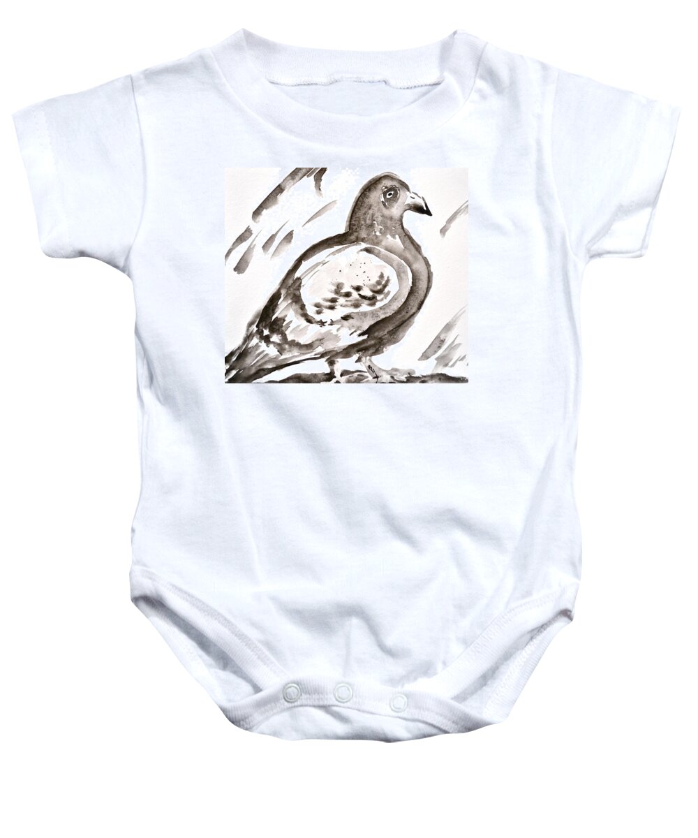 Pigeon I Sumi-e Style Baby Onesie featuring the painting Pigeon I Sumi-e Style by Beverley Harper Tinsley
