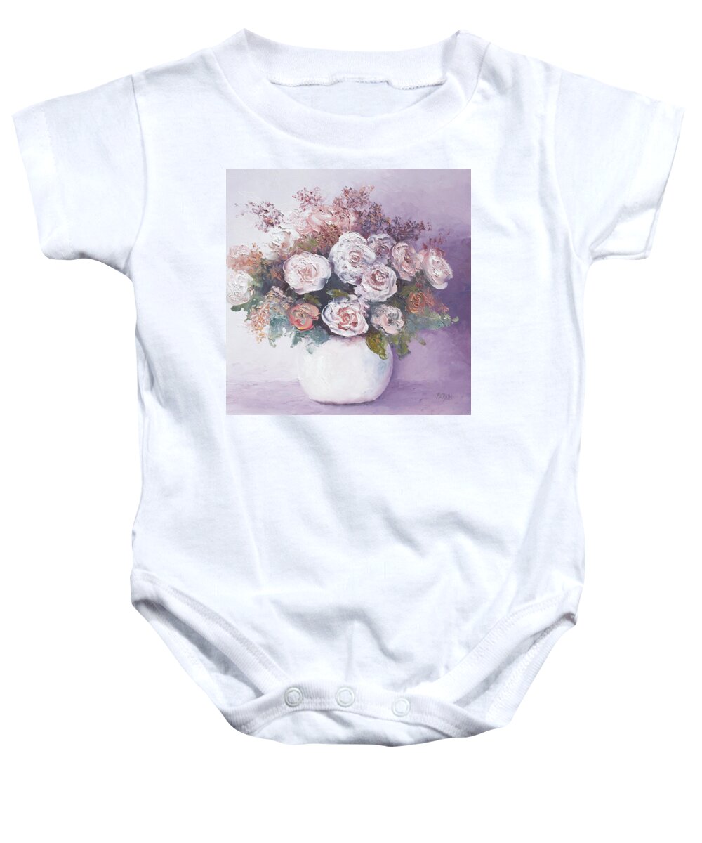 Pink Roses Baby Onesie featuring the painting Pink and white roses by Jan Matson