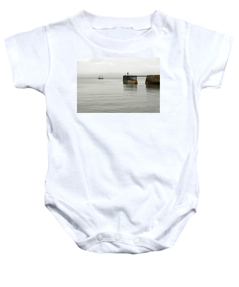 Britain Baby Onesie featuring the photograph Pirate Ship and Whitby West Breakwater by Rod Johnson