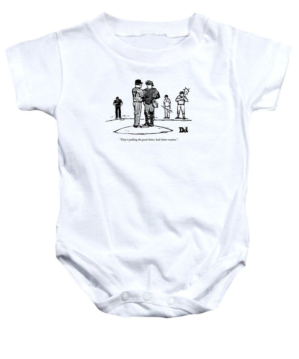 Baseball Baby Onesie featuring the drawing Pitcher And Catcher Stand On Pitcher's Mound by Drew Dernavich
