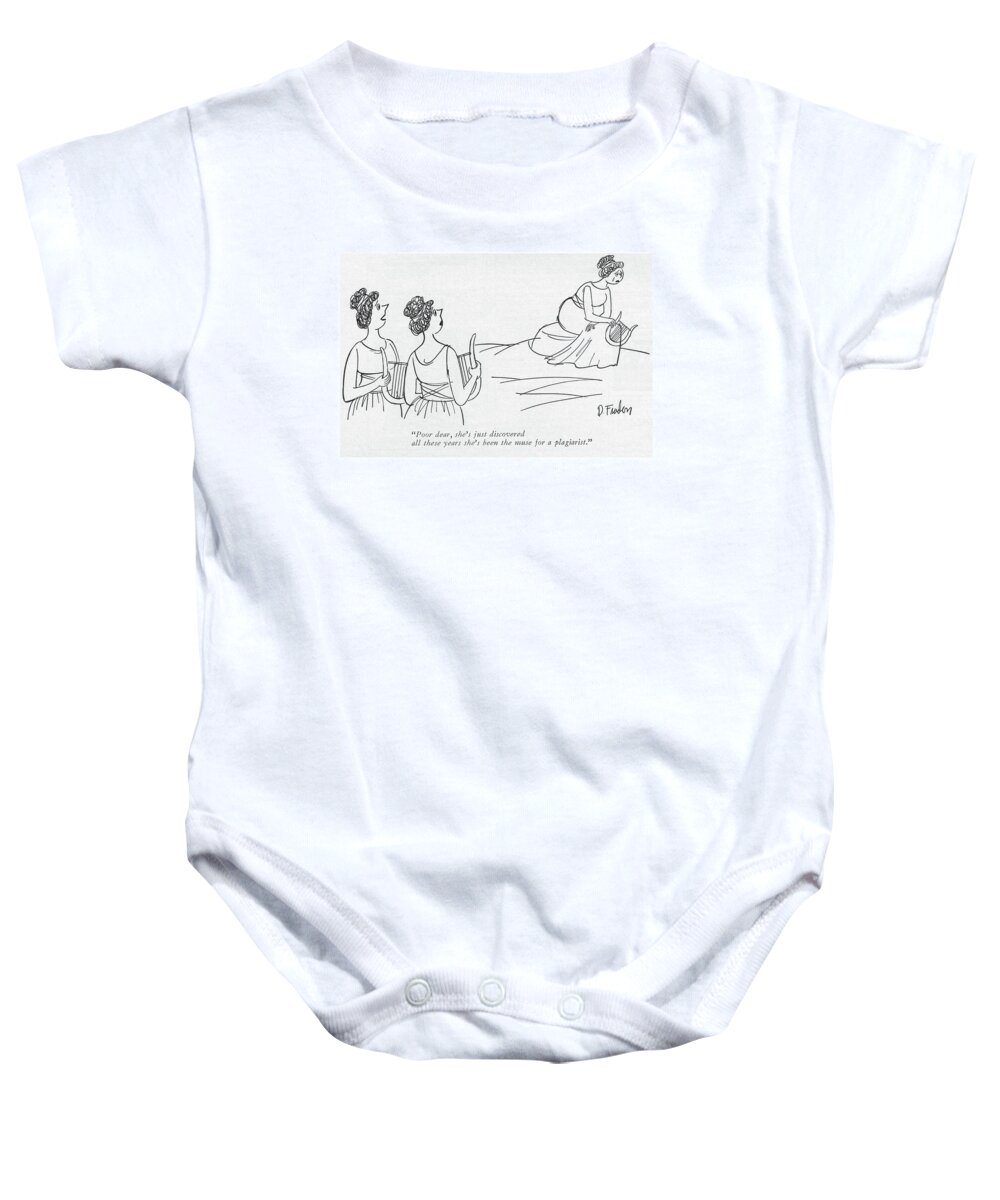 71752 Dfr Dana Fradon Baby Onesie featuring the drawing The Muse For A Plagiarist by Dana Fradon