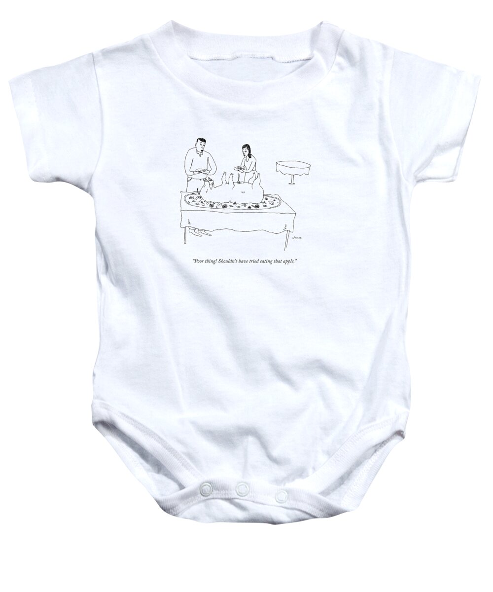 Poor Thing! Shouldn't Have Tried Eating That Apple. Baby Onesie featuring the drawing Poor Thing by Liana Finck