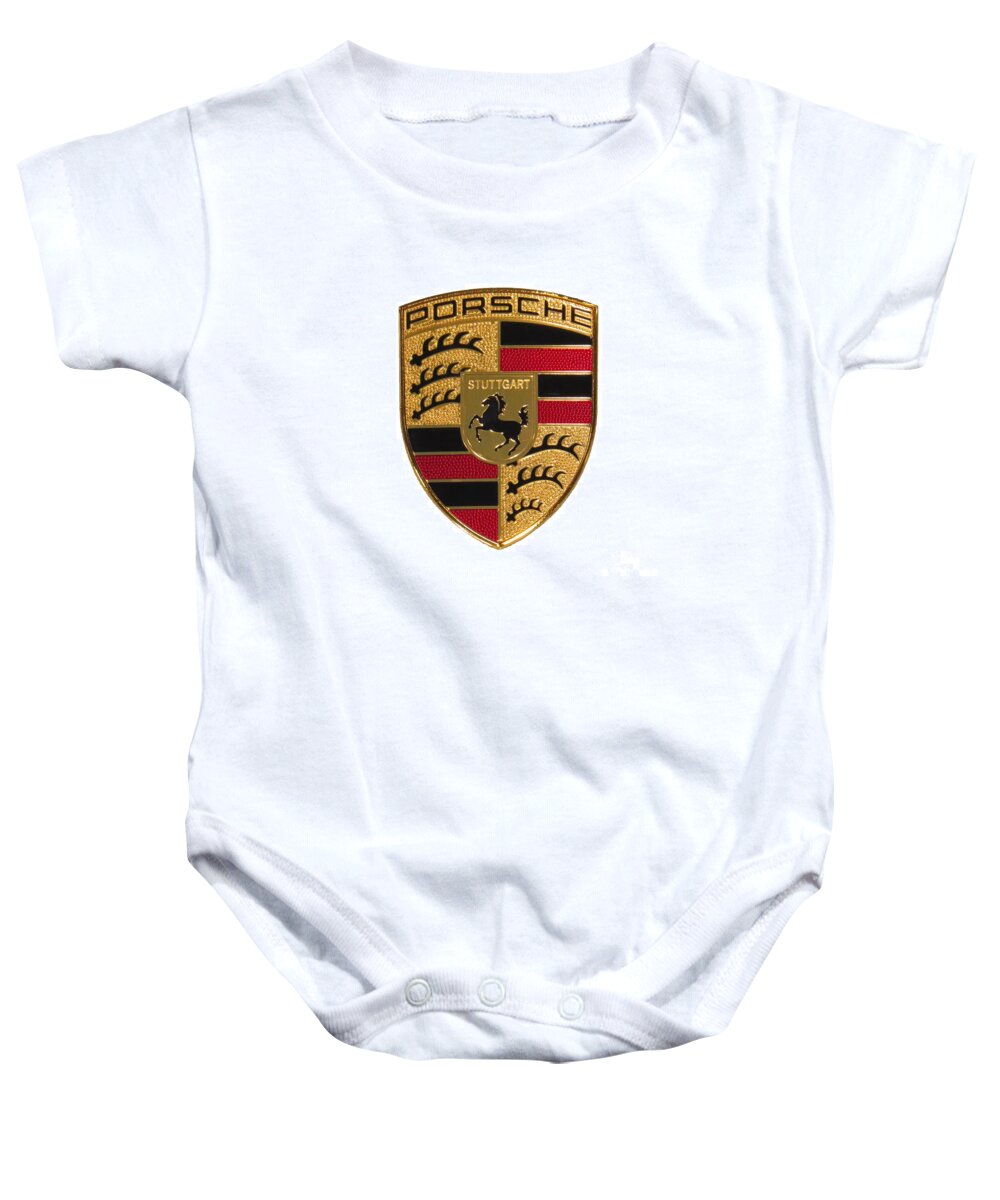 Porsche Baby Onesie featuring the photograph Porsche - Emblem White by Scott Cameron