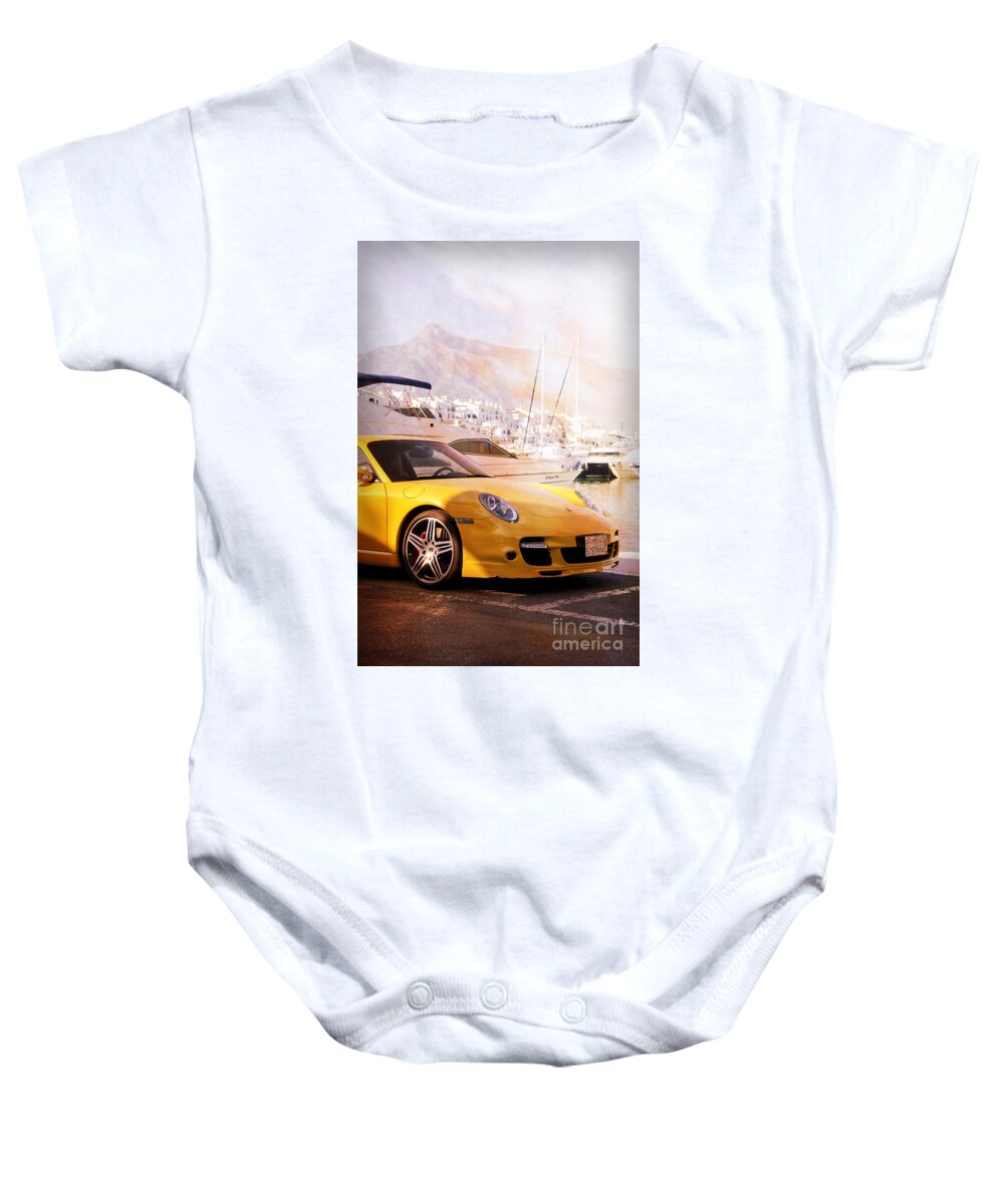 Porsche Baby Onesie featuring the photograph Porsche parked in front of luxury yacht by Perry Van Munster