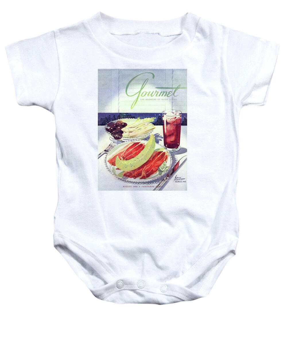 Food Baby Onesie featuring the photograph Prosciutto, Melon, Olives, Celery And A Glass by Henry Stahlhut