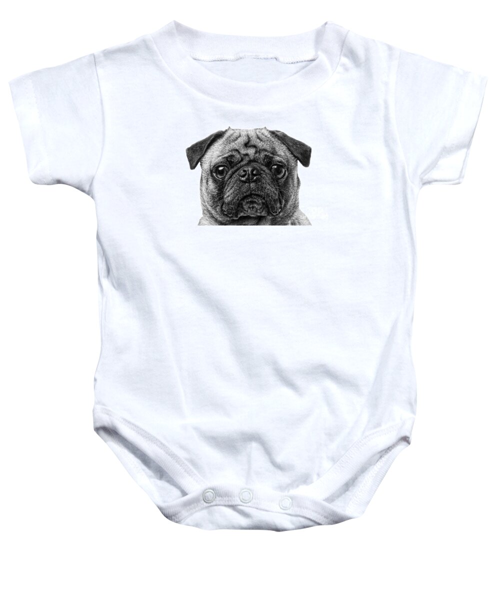 Animal Baby Onesie featuring the photograph Pug Dog black and white by Edward Fielding
