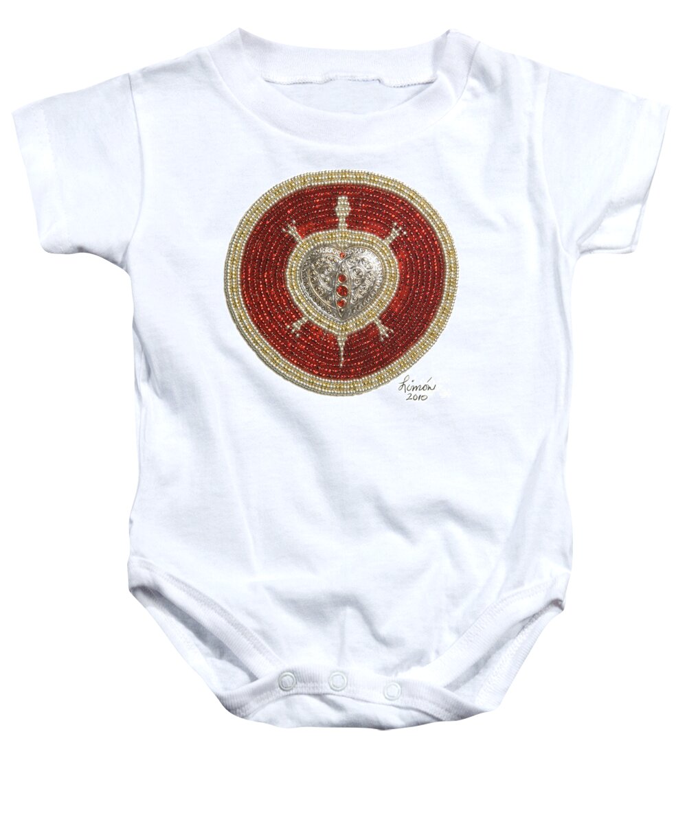 Turtle Baby Onesie featuring the mixed media Silver and Gold Heart Turtle by Douglas Limon