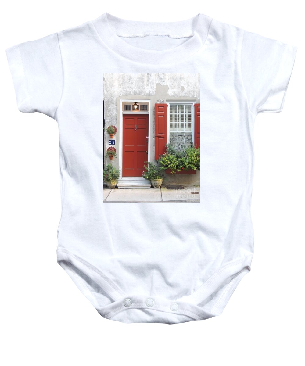 Shutters Baby Onesie featuring the photograph Red Door by Diane Lesser