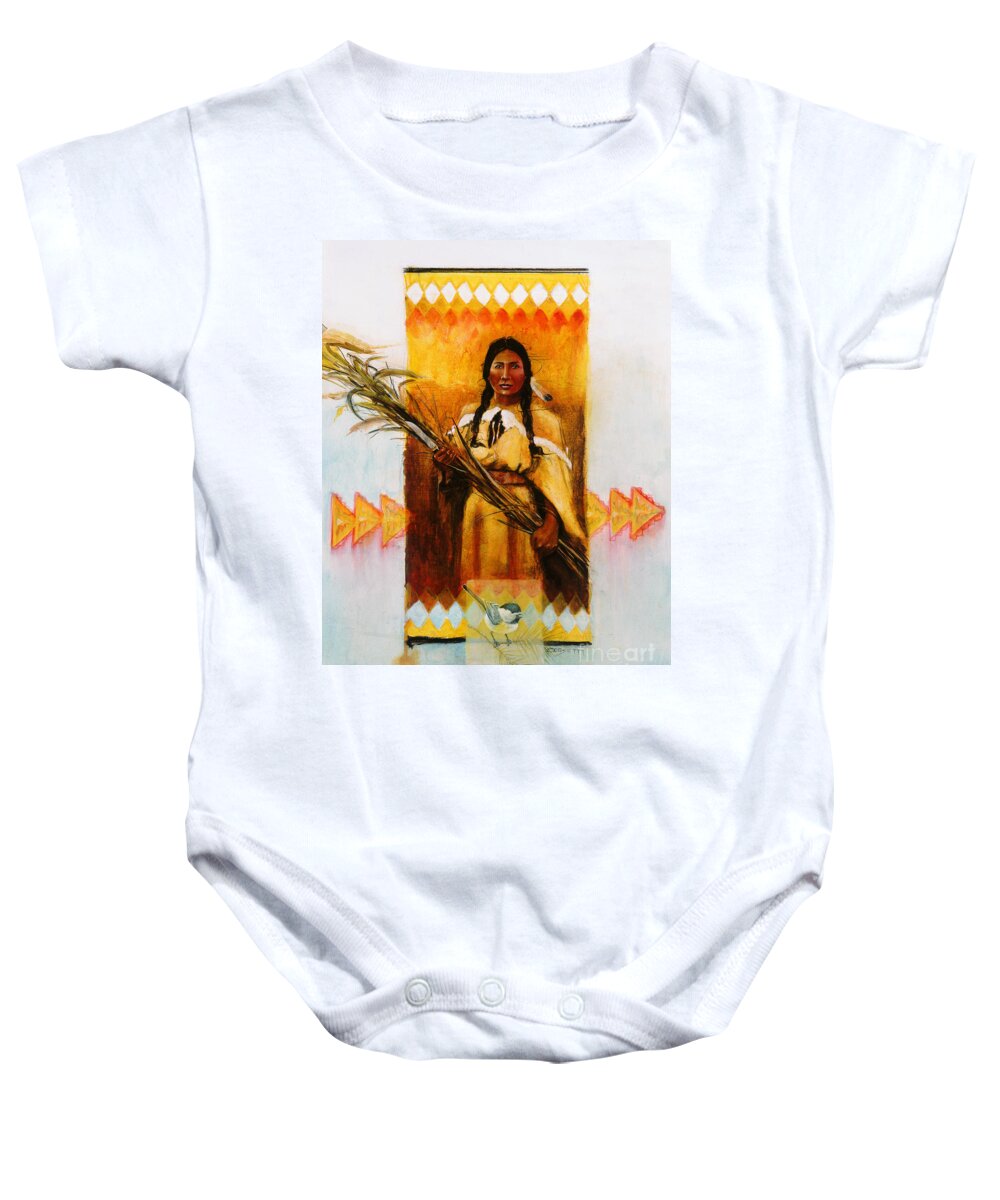 Indian Baby Onesie featuring the painting Reed Gatherer by Robert Corsetti