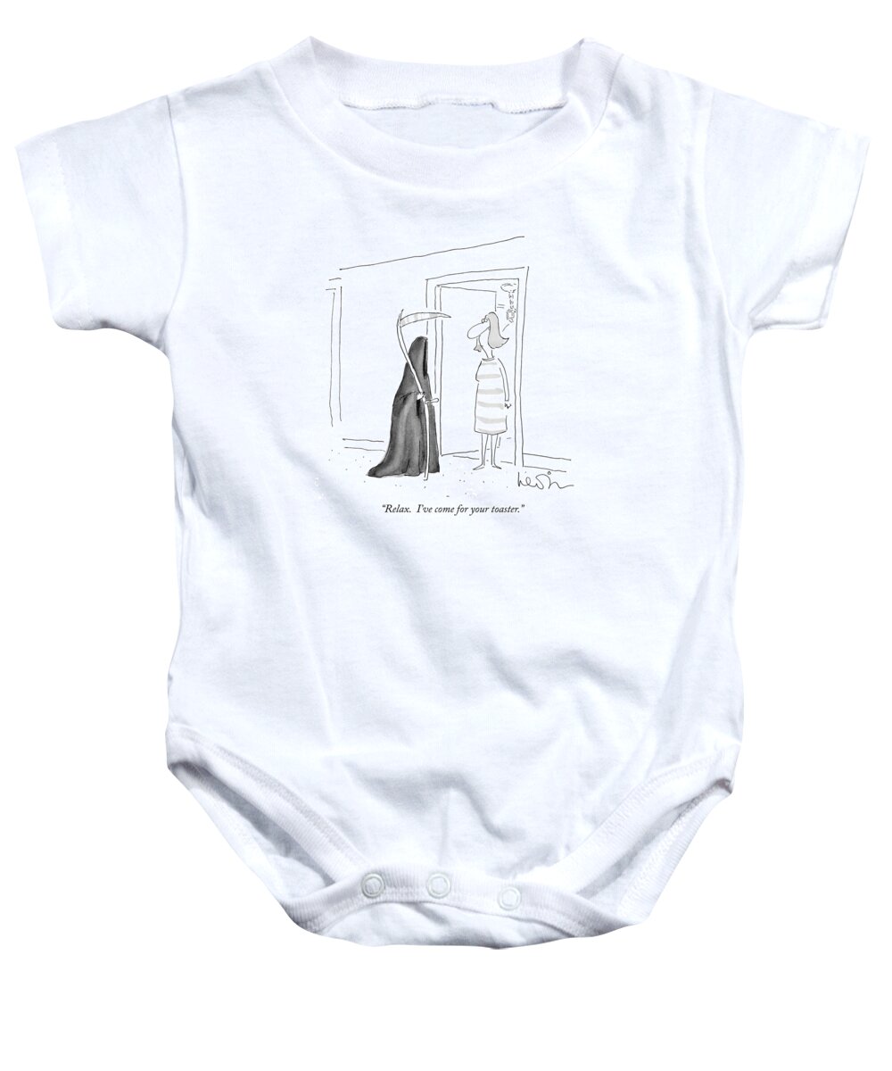 
(grim Reaper Speaks To Woman In Her Doorway.)
Death Baby Onesie featuring the drawing Relax. I've Come For Your Toaster by Arnie Levin