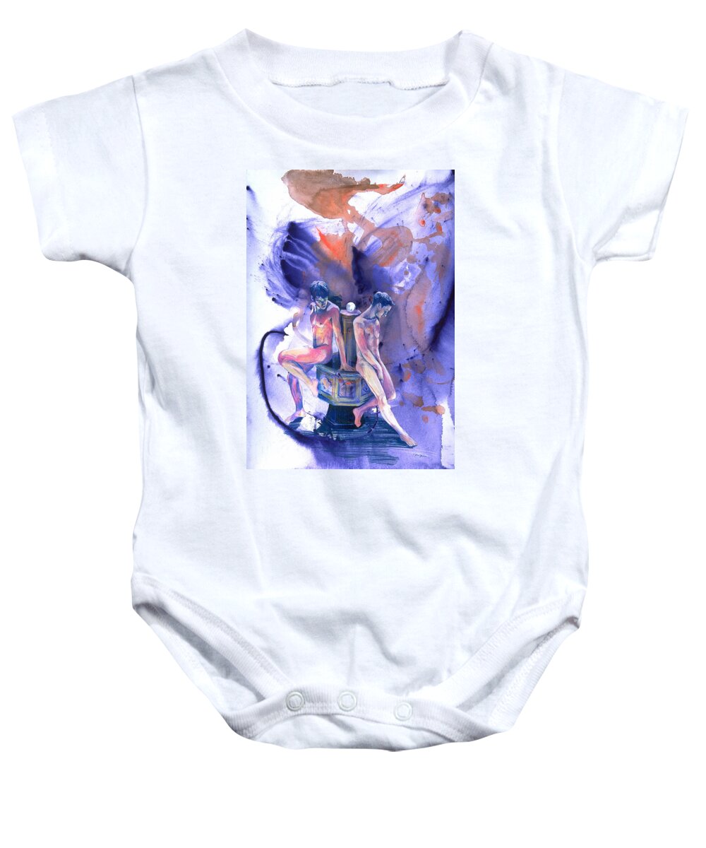 Male Nudes Baby Onesie featuring the painting Reluctant Grace by Rene Capone