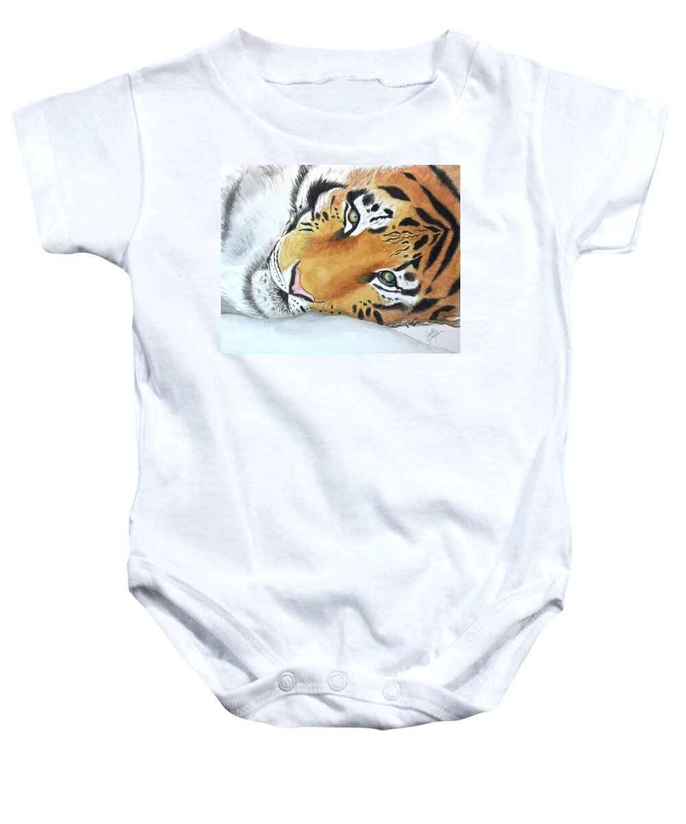 Wildlife Prints Baby Onesie featuring the painting Resting Tiger by Joette Snyder