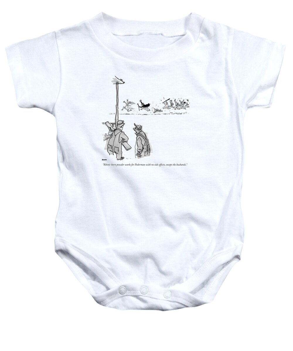 
(old Man Chases Younger Woman As Husbands And Dog Chase Him.)sex Baby Onesie featuring the drawing Rhino-horn Powder Works For Pederman With No Side by George Booth