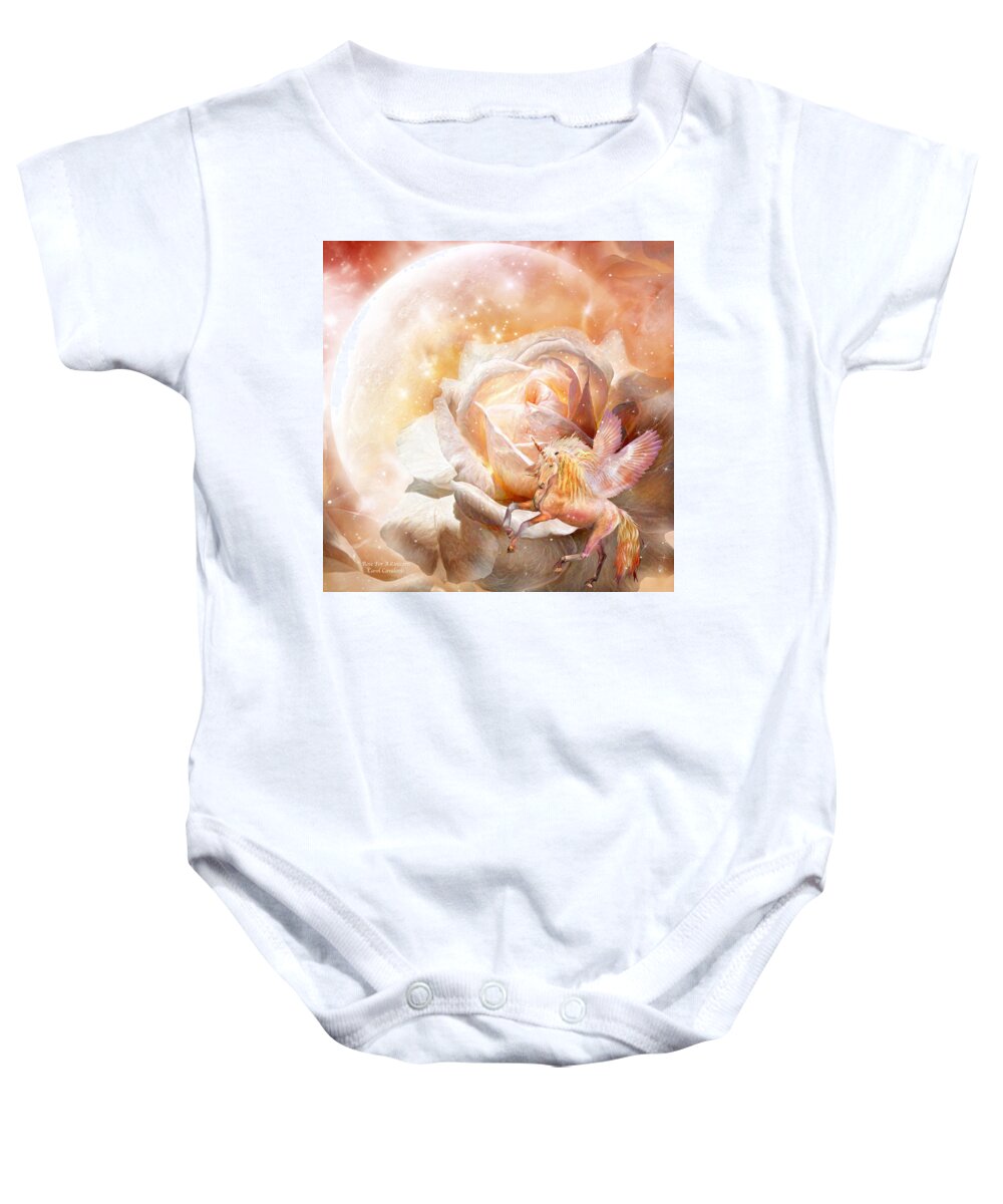 Rose Baby Onesie featuring the mixed media Rose For A Unicorn by Carol Cavalaris