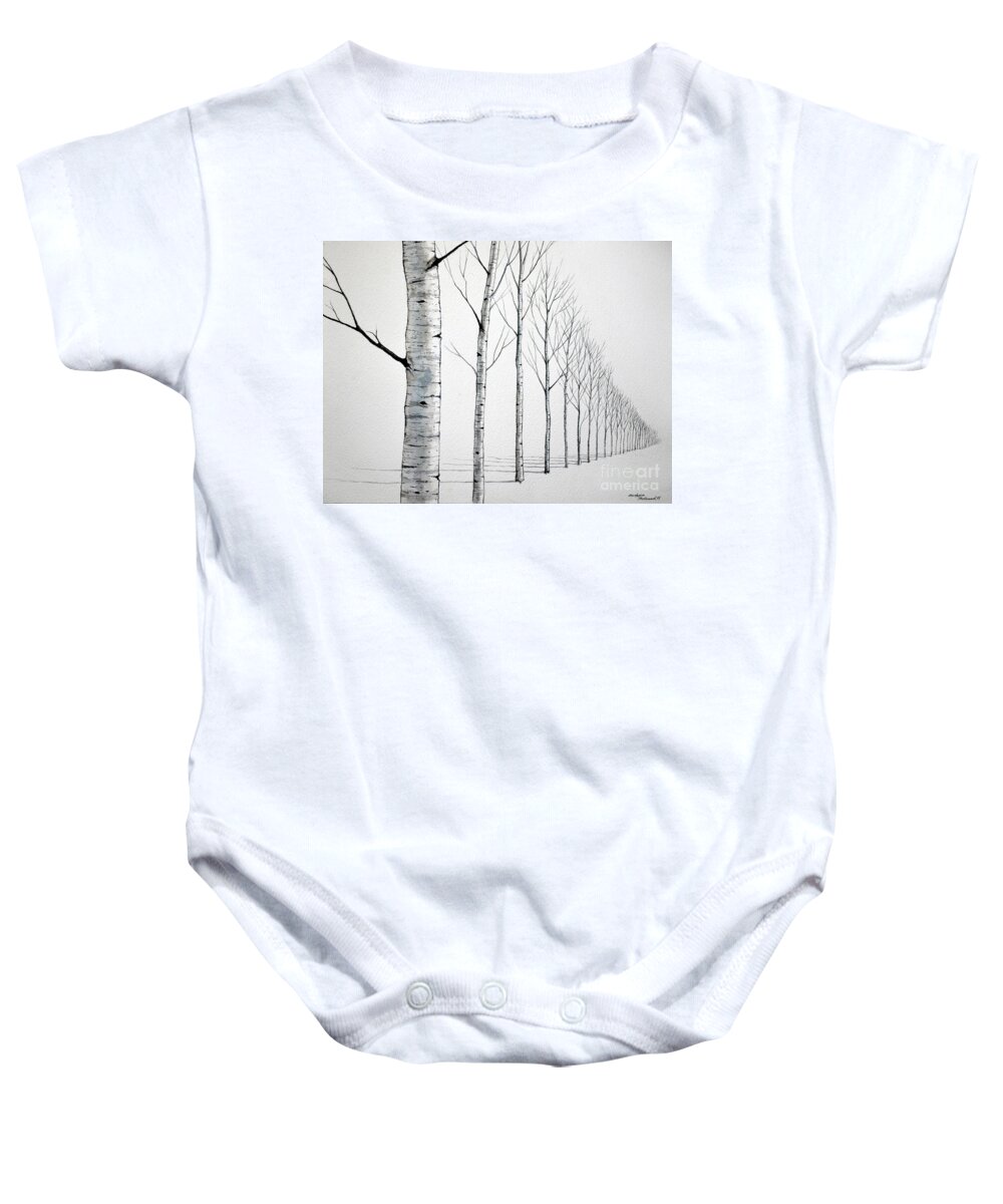 Birch Tree Baby Onesie featuring the painting Row of Birch Trees in the Snow by Christopher Shellhammer