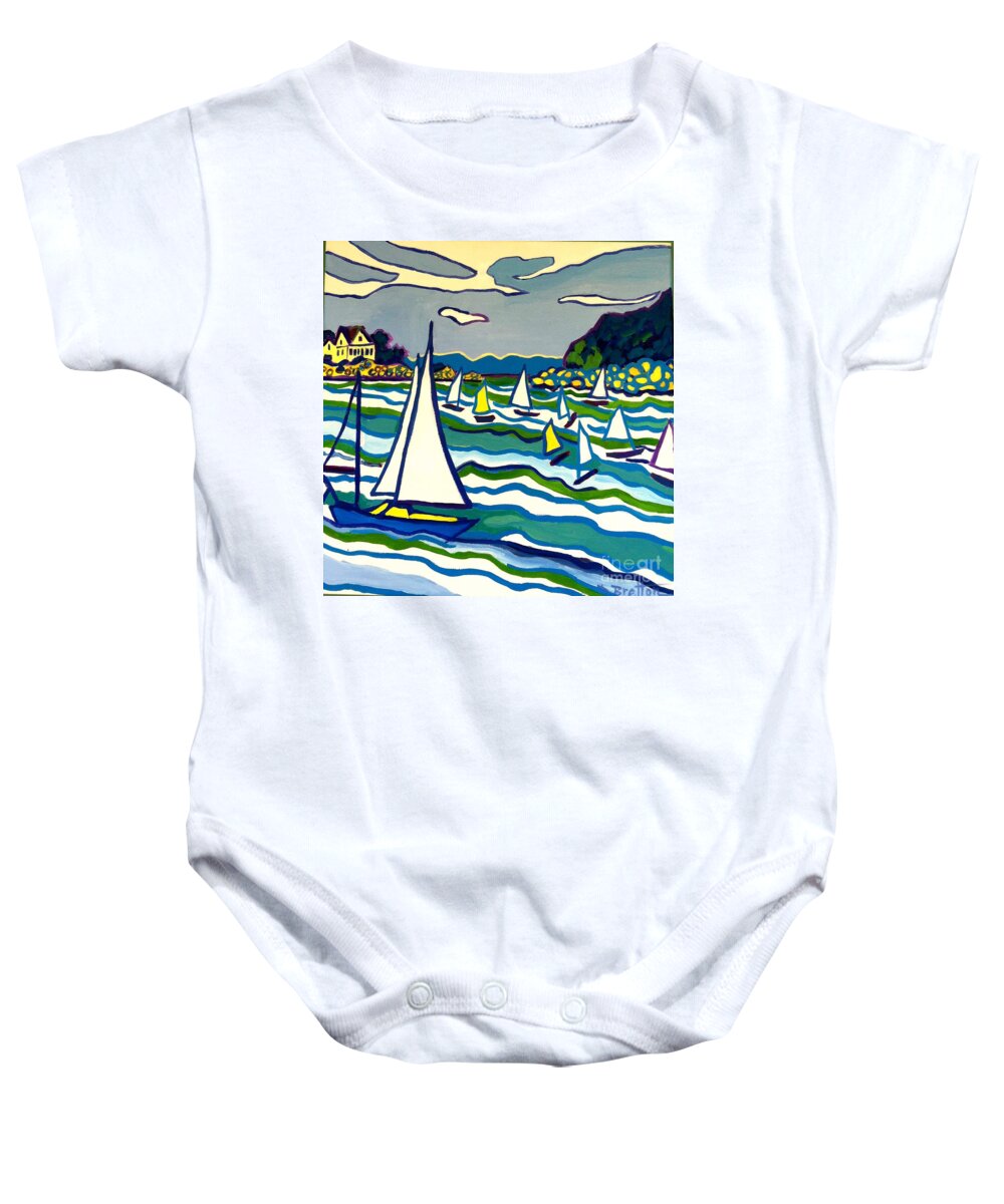 Landscape Baby Onesie featuring the painting Sailing School Manchester by-the-sea by Debra Bretton Robinson