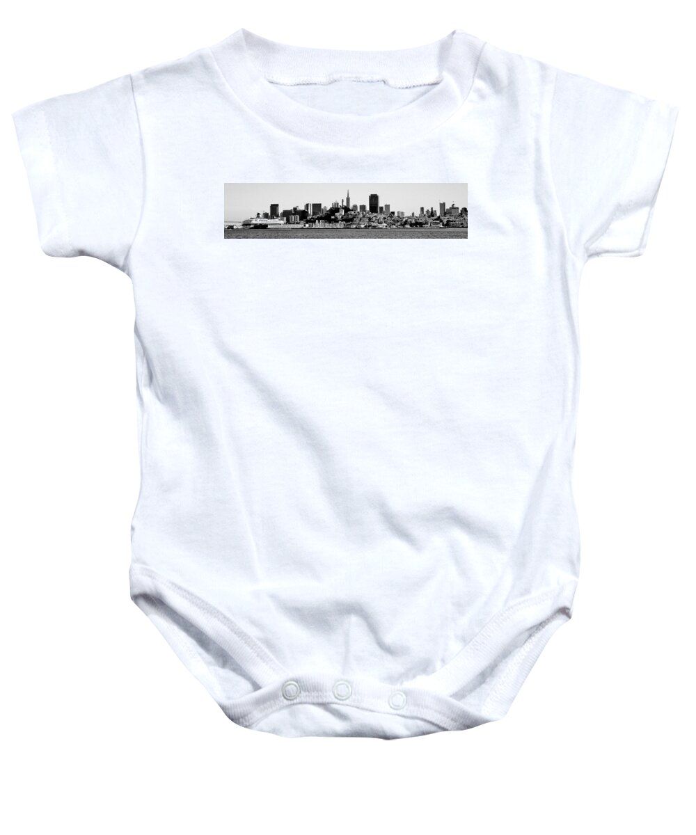 San Baby Onesie featuring the photograph San Fran Skyline Panorama Black And White by Benjamin Yeager