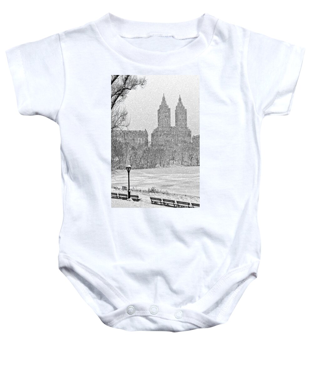 Central Park Baby Onesie featuring the photograph San Remo Towers Snow by Susan Candelario