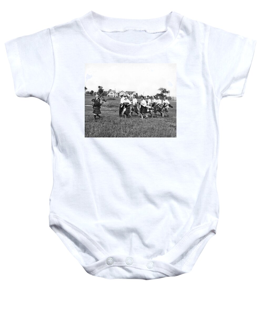 1920s Baby Onesie featuring the photograph Scottish Golfers With Bagpipe by Underwood Archives