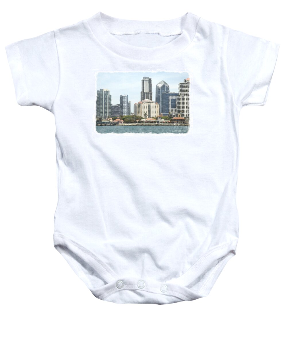 Architecture Baby Onesie featuring the mixed media Seaport Village and Downtown San Diego Watercolor by Claudia Ellis