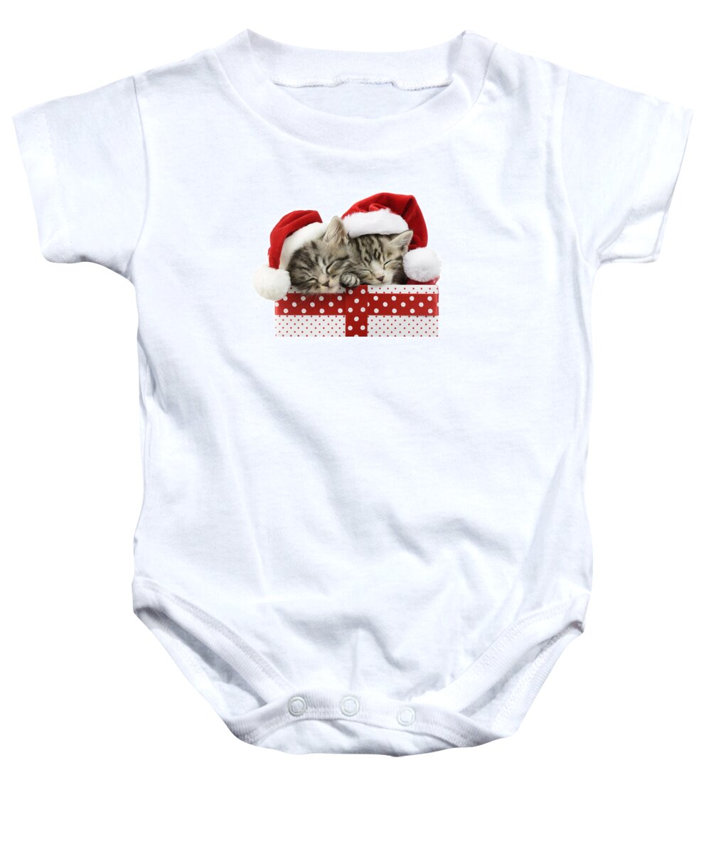 Xmas Baby Onesie featuring the photograph Sleeping Kittens In Presents by MGL Meiklejohn Graphics Licensing