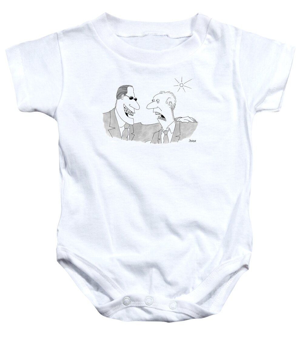 #condenastnewyorkercartoon Baby Onesie featuring the drawing Smiling Man With California Shaped Teeth Greets by Jack Ziegler