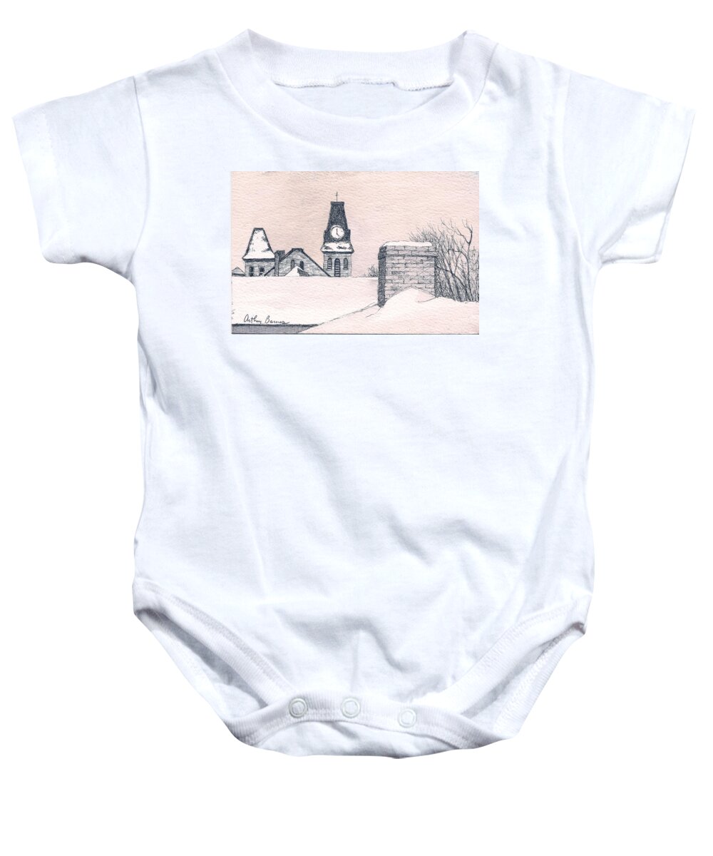 Drawing Baby Onesie featuring the drawing Snow and Steeple by Arthur Barnes