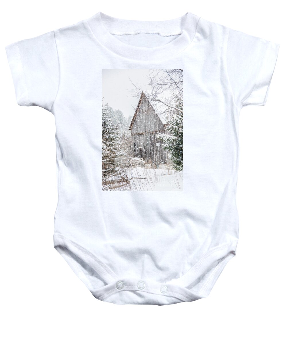 Snow Baby Onesie featuring the photograph Snowing on the Farm by Cheryl Baxter