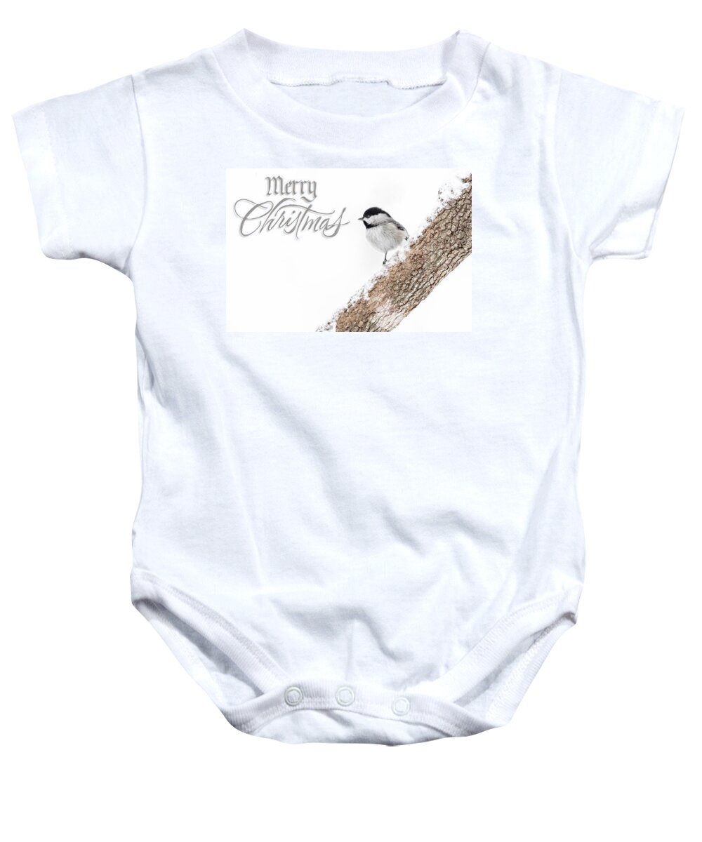 K-30 Baby Onesie featuring the photograph Snowy Chickadee Christmas Card by Lori Coleman