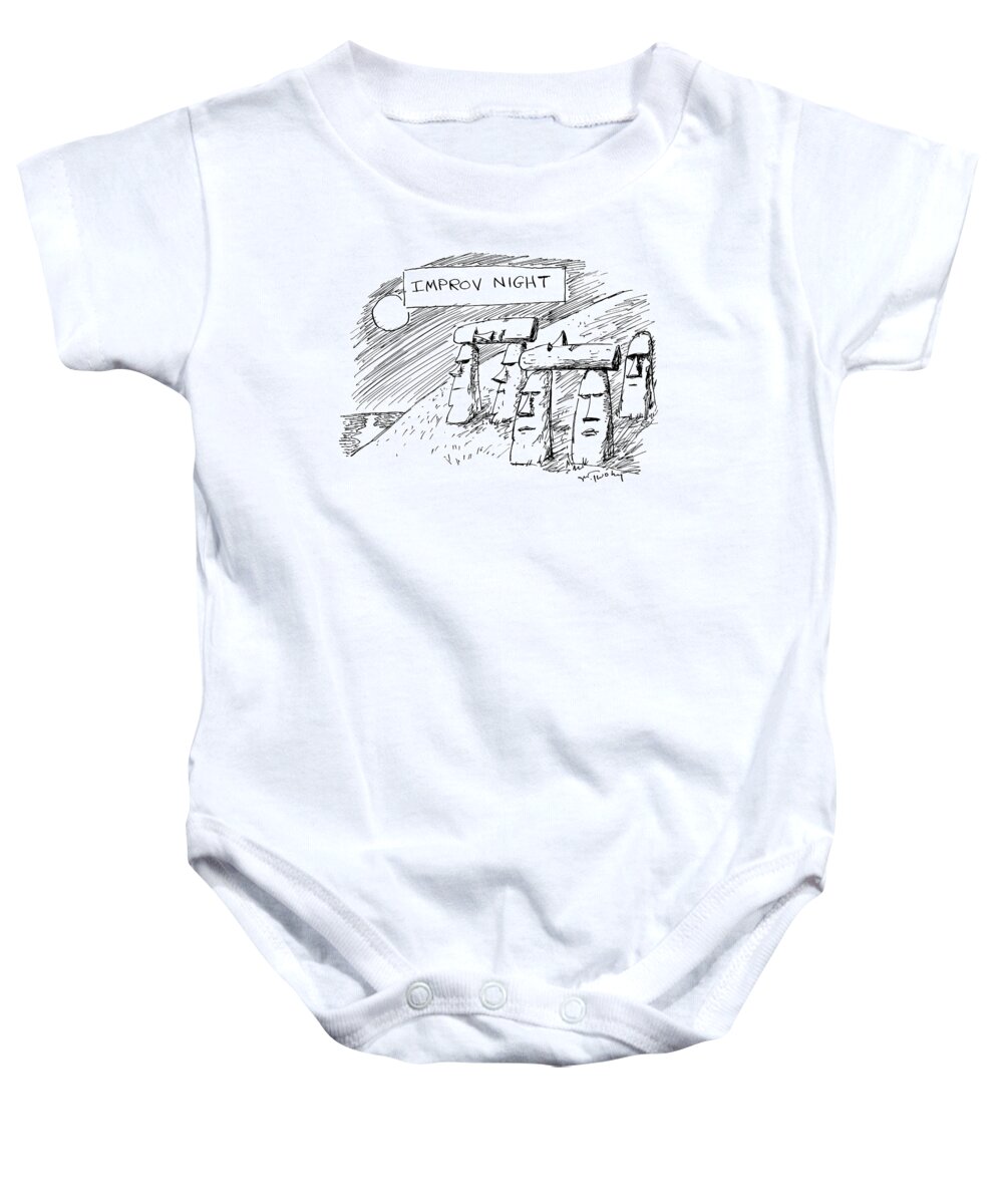 Title: Baby Onesie featuring the drawing Some Moai Statues On Easter Island Support Others by Mike Twohy