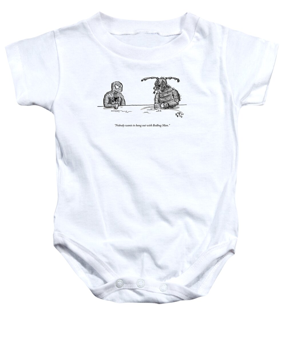 Superheroes Baby Onesie featuring the drawing Spiderman And Bedbug Man Are Seen Speaking by Farley Katz