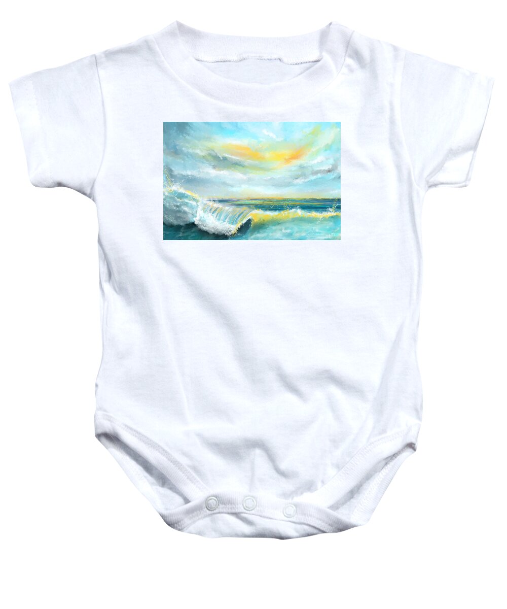 Turquoise Baby Onesie featuring the painting Splash Of Sun - Seascapes Sunset Abstract Painting by Lourry Legarde
