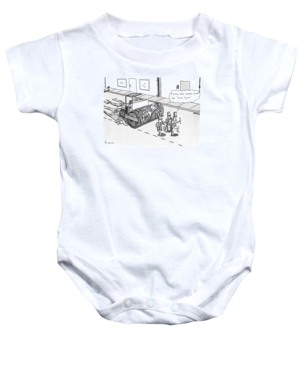 Parade Baby Onesie featuring the drawing Steam Roller Driving Behind A Marching Band by Zachary Kanin